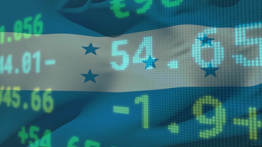 Honduran flag waving starting scrolling financial data over stars and stripes visualizing trends. Patriotism, technology, finance, data visualization, digital art, national symbol, stock market - Powered by Shutterstock - Get 15% off with code: PIKWIZARD15