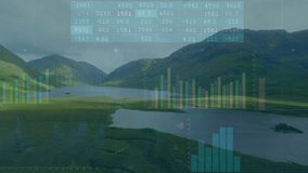 Panel fading in over lake animating bar charts, pie segments and line graphs visualizing trends. Nature, data visualization, infographic, serenity, modern design, environmental analysis, professional - Powered by Shutterstock - Get 15% off with code: PIKWIZARD15