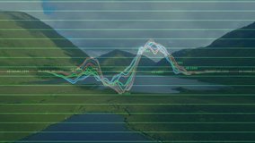 Upon grid overlay appearing, waveform traces oscillating over lake and hills, visualizing data flow. Nature, landscape, visualization, abstract, harmony, serenity, technology - Powered by Shutterstock - Get 15% off with code: PIKWIZARD15