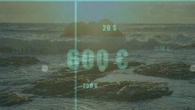 Grid fading over rocky shore, bars rising in sequence lines tracing currency changes showing trends. Data visualization, financial analysis, digital interface, investment growth, economic trends, - Powered by Shutterstock - Get 15% off with code: PIKWIZARD15