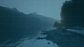 Morning lake glow causing grid overlay while scanner pulsing and panels loading visualizing data. Futuristic, technology, interface, digital, data visualization, abstract, scenic - Powered by Shutterstock - Get 15% off with code: PIKWIZARD15