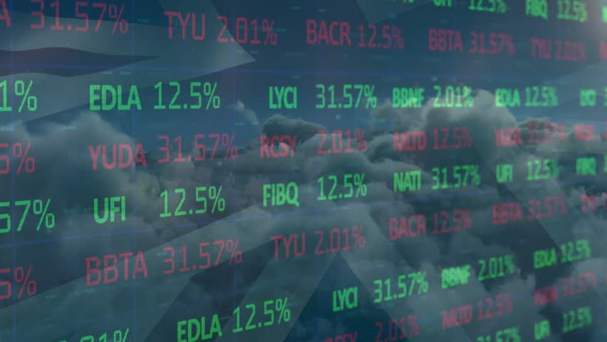 Upon window view appearing, wing and clouds activating stock tickers updating to show market shifts. Aviation, finance, digital, real-time, monitoring, travel, technology