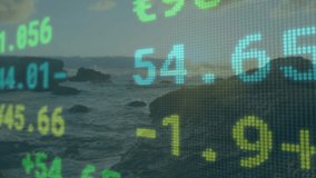 On first frame color-coded financial numbers shifting and replacing, showing market shifts. Digital, infographic, minimalist, financial, data, ocean, sunset - Powered by Shutterstock - Get 15% off with code: PIKWIZARD15
