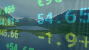 Translucent ticker overlay appearing at start over lake scrolling currency reflecting market data. Financial, digital, infographic, technology, investment, analysis, scenic - Powered by Shutterstock - Get 15% off with code: PIKWIZARD15