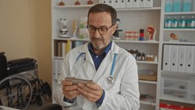 Doctor examining smartphone in clinic setting wearing lab coat surrounded by medical equipment and wheelchair conveying professionalism and healthcare environment. - Powered by Shutterstock - Get 15% off with code: PIKWIZARD15