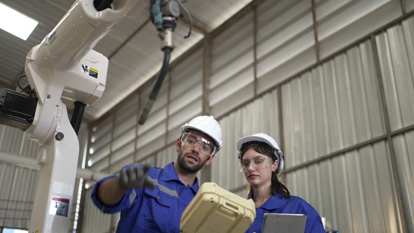 Blue collar workers at machine shop with welding robot arm. Factory and machinery.
