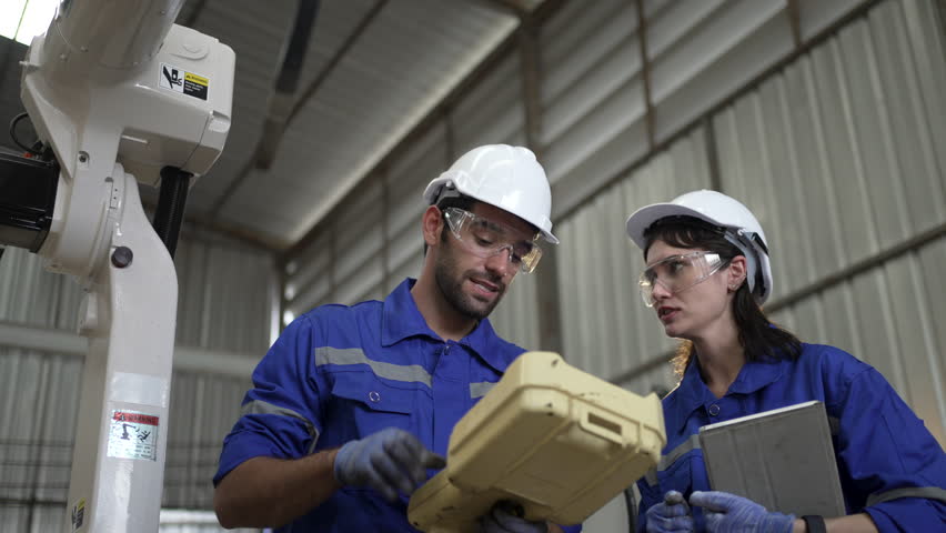 Blue collar workers at machine shop with welding robot arm. Factory and machinery.