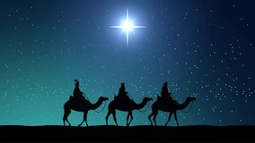 Loopable animated silhouette of the three wise men riding camels across the desert under a glowing Star of Bethlehem in a clear night sky. Concept of Christmas nativity scene, faith and journey. - Powered by Shutterstock - Get 15% off with code: PIKWIZARD15