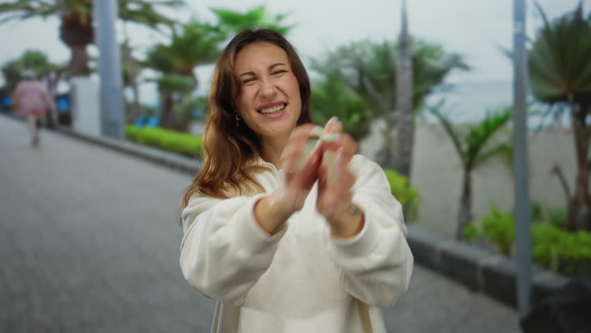 Woman smiling joyfully on a sunny beach promenade, wearing a cozy hoodie, surrounded by palm trees, showcasing happy vibes and relaxed outdoor enjoyment.