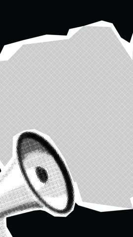 megaphone, magazine-style text bubble on a dark background, important messages, breaking news, halftone collage art