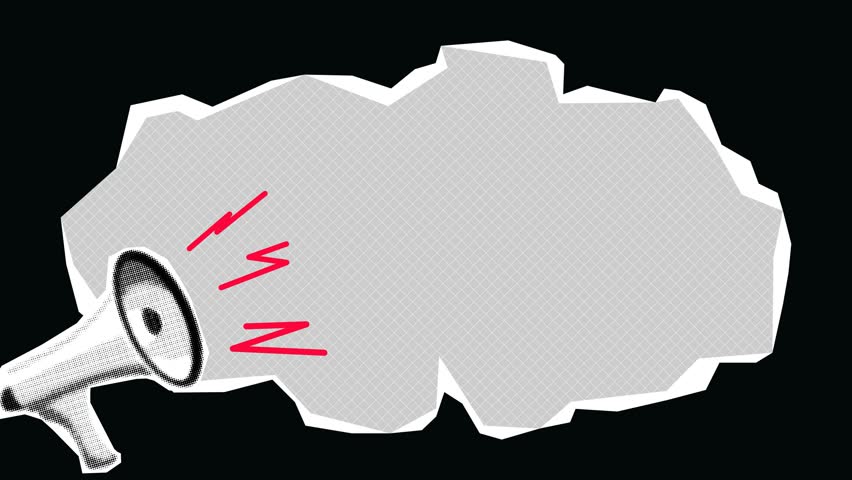 megaphone, magazine-style text bubble on a dark background, important messages, breaking news, halftone collage art