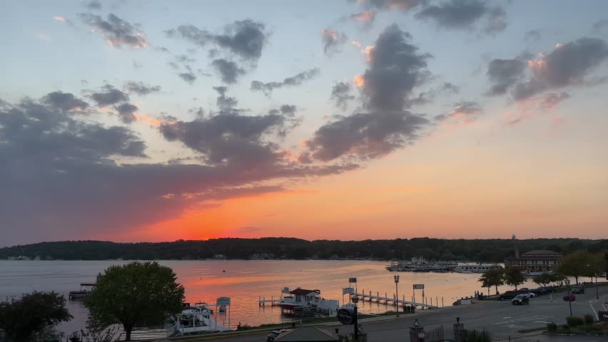Vibrant Sky During Sunset In Lake Geneva, Wisconsin, USA. - wide shot