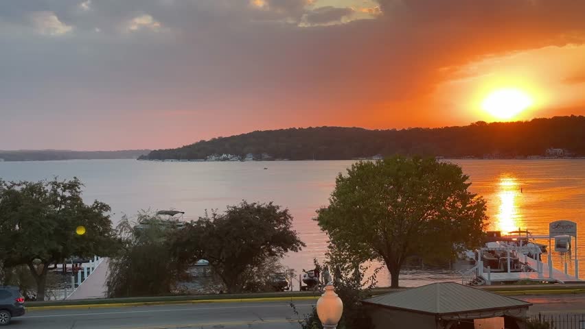 Beautiful Orange Skies At Sunset In Lake Geneva, Wisconsin, USA. - wide shot