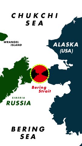 4K Vertical Map Animation Of Bering Strait With Rotating Yellow Dotted Circle And Red Pulsing Highlight Showing Alaska, Russia, Siberia, And Labeled Seas