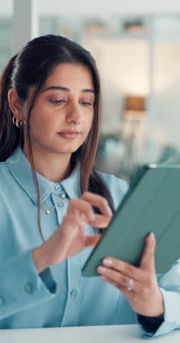 Face, human resources or happy woman with tablet in office, pride or screening applicant for vacancy. Recruitment, talent acquisition or employee with tech for hiring process, portrait or headhunting