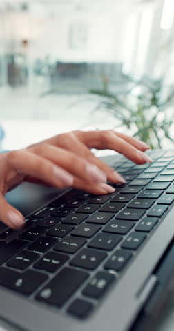 Laptop, business woman and hands typing report, email or copywriting with research for story online. Keyboard, content writer and writing blog in office, newsletter and editing article for review