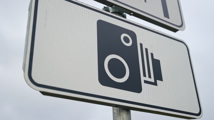Close up of speed camera traffic sign on metal pole under grey cloudy sky