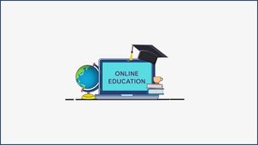 Digital Education and Online Learning Concept 2D Animation, Laptop with Graduation Cap and Books, globe - Powered by Shutterstock - Get 15% off with code: PIKWIZARD15