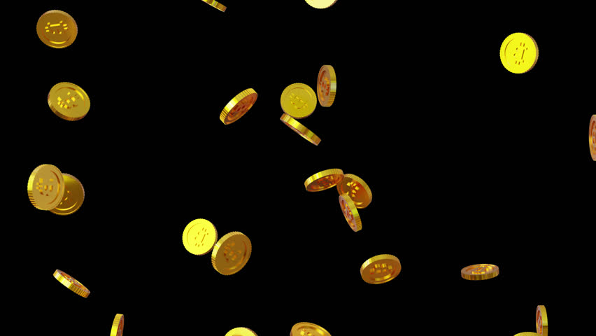 Gold bitcoins fall endlessly on alpha background. 3D animation loop in 4K 60fps — perfect for financial, crypto, NFT or blockchain-themed videos.
