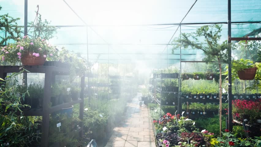 An automatic irrigation system at a garden center. Daily watering of seedlings in a greenhouse.