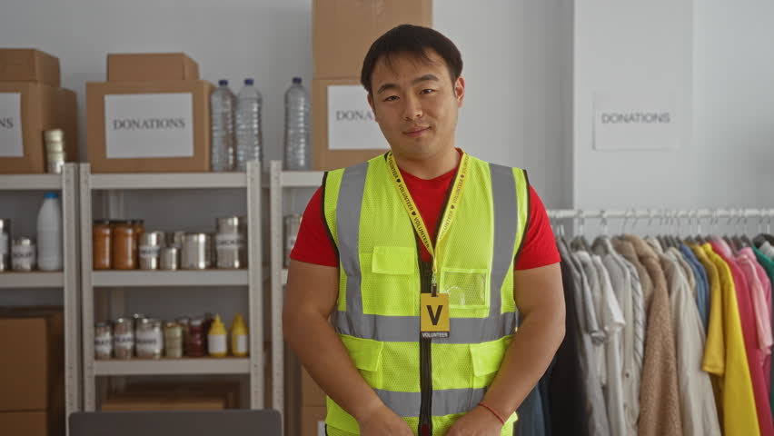 Young man in a volunteer vest forms a heart shape with hands in a charity donation center surrounded by boxes and clothing.