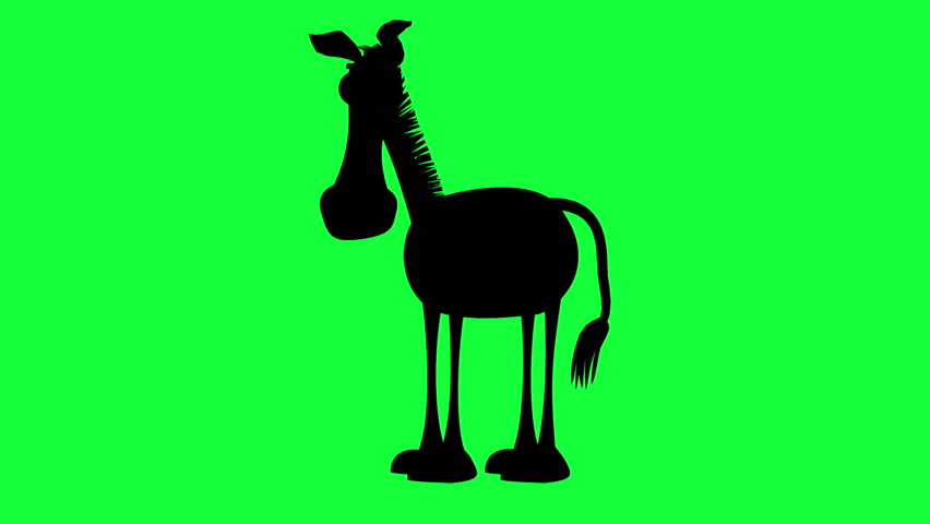 Animated black donkey silhouette performing humorous braying and stomping movements on a vibrant green screen. Perfect for comic effects, educational content, or adding a touch of playful animal chara