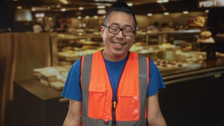 Man in orange reflective vest smiles and shrugs shoulders inside a restaurant building, standing at counter; bemused patience.