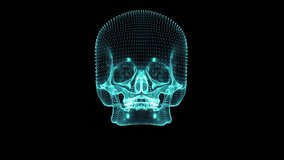 3D holographic animation of a glowing human skull formed by blue light particles and digital lines, illustrating anatomy structure, medical science, and futuristic technology visualization. - Powered by Shutterstock - Get 15% off with code: PIKWIZARD15