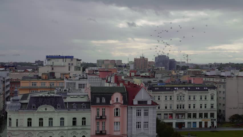 Elevated view over city eclectic urban rooftops to evening skyline