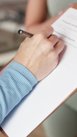 Fitness, hands and writing on clipboard for sign up with gym membership, details and registration. Women, client and instructor with paperwork at health club for application, workout contract or form