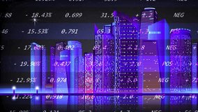 Stock exchange terminal with dynamic price changes against a neon-lit city skyline with skyscrapers. - Powered by Shutterstock - Get 15% off with code: PIKWIZARD15