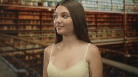 Smiling girl waves hand with brown hair falling over shoulders among tall book stacks in grand library building; hello. - Powered by Shutterstock - Get 15% off with code: PIKWIZARD15