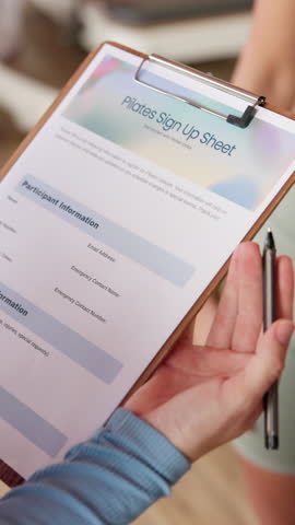 Hands, personal trainer and clipboard for sign up at gym, info and explain offer at pilates club. People, document and client with welcome for membership, subscription and contract at wellness class
