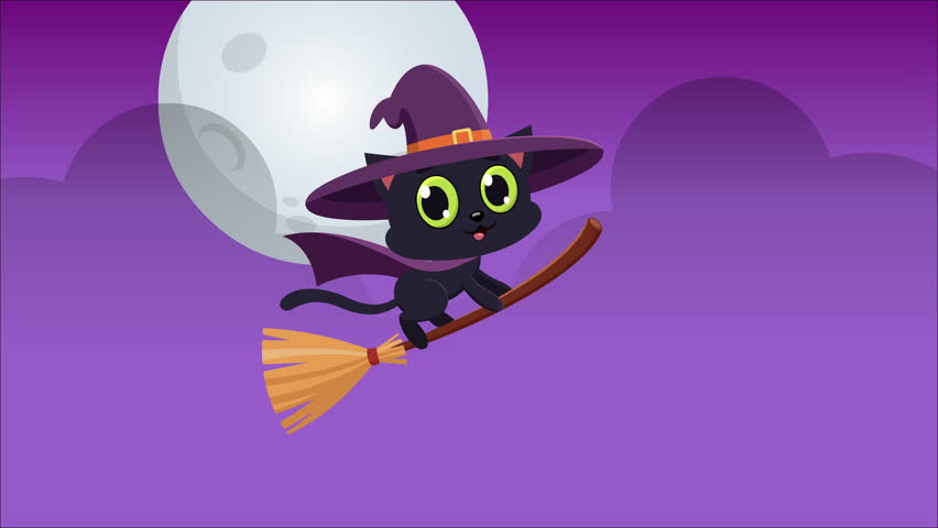 Cute Black Cat Witch Cartoon Character Flying On Broom Under Moonlight – 4K Halloween Animation Video Motion Graphics With Night Sky Background	
