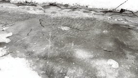 Footsteps on icy surface, showcasing gradual movement across a frozen path, with snow and twigs surrounding the scene, emphasizing the winter environment and the texture of ice - Powered by Shutterstock - Get 15% off with code: PIKWIZARD15