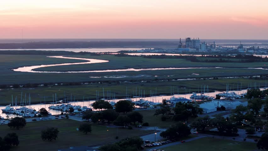 Aerial landscape of coastal wetlands summer sunset in Brunswick city southeast coast of Georgia USA