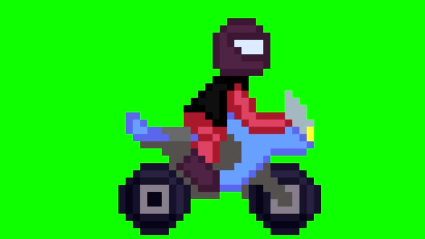 Pixel art style animation of a motorcycle on a green background, pixel, art, 2D.