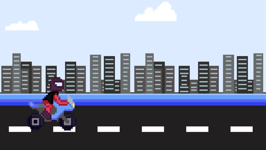 Pixel art-style animation of a motorcycle on the road with clouds and buildings, pixel, art, 2D.