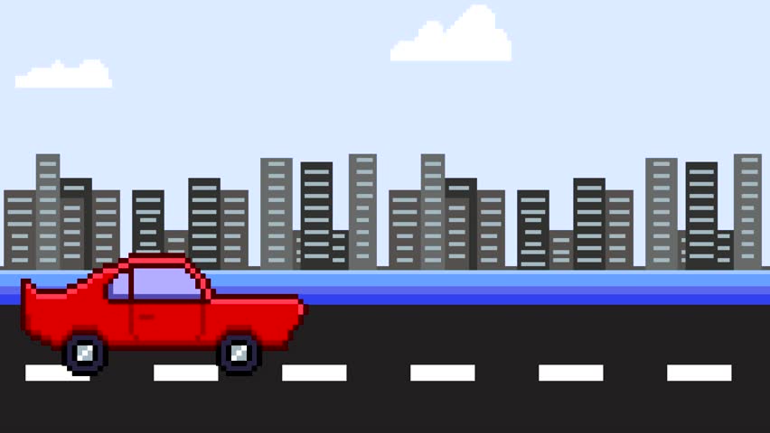 Pixel art style animation of a car and a motorcycle on a road with clouds and buildings, pixel, art, 2D.