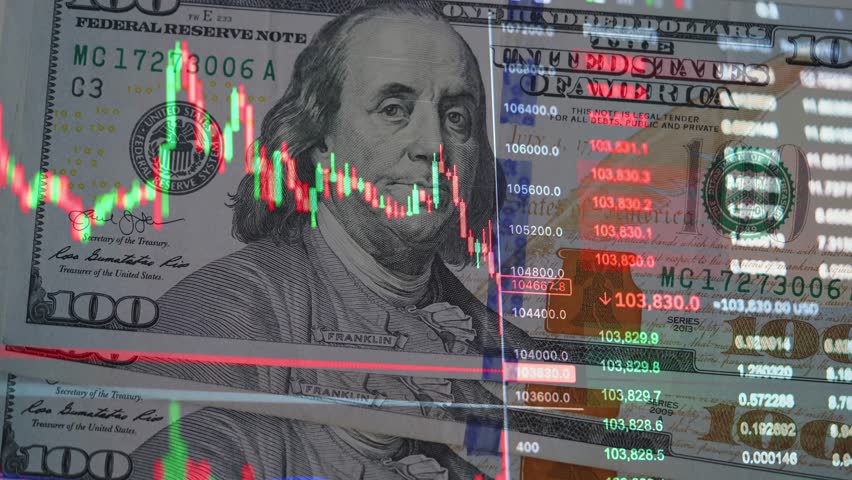 Dynamic. Financial market crash, stock decline. Falling Red Green candlestick chart with US dollar bills in the background. Economic crisis, inflation, market volatility, global financial instability.