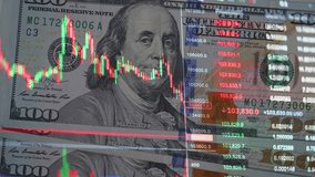 Dynamic. Financial market crash, stock decline. Falling Red Green candlestick chart with US dollar bills in the background. Economic crisis, inflation, market volatility, global financial instability. - Powered by Shutterstock - Get 15% off with code: PIKWIZARD15