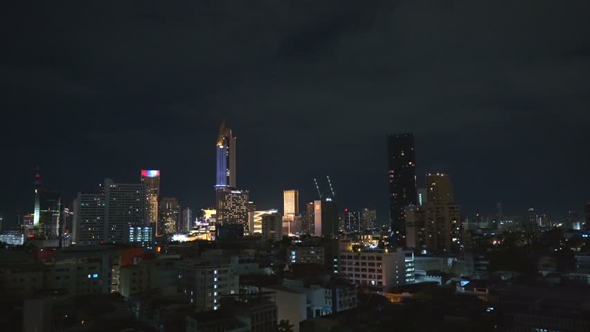 Aerial view of Bangkok at night with views of the skyscrapers. Thailand