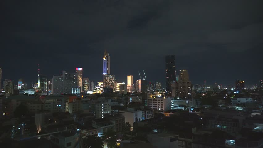 Aerial view of Bangkok at night with views of the skyscrapers. Thailand