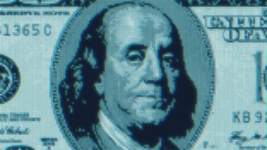 Glitch Dollar Apocalypse. Digital 100 Dollars Bill. Macro Footage of Corrupted Currency, Illuminati Pyramid. Conspiracy Theories, Dark Finance, All Seeing Eye, Finance Control, Cyber Money CBDC intro