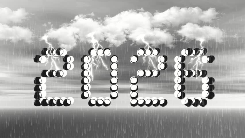Year 2026 is depicted in a monochrome landscape with rain and clouds suggesting a fresh start and new beginnings for the future.
