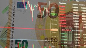 A dynamic red and green candlestick chart declining with euro banknotes in the background, representing financial crisis, inflation, market volatility, and cryptocurrency fluctuations. - Powered by Shutterstock - Get 15% off with code: PIKWIZARD15