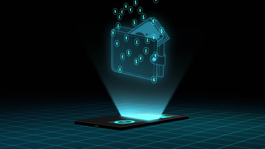 Holographic Digital Wallet and Mobile Banking App, Glowing Currency Icons, and Futuristic Tech Design - Powered by Shutterstock - Get 15% off with code: PIKWIZARD15