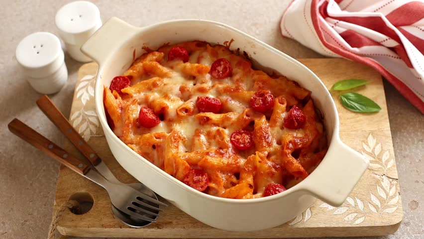 Adding basil leaves to homemade Baked Pasta with tomato, sauce and cheese.