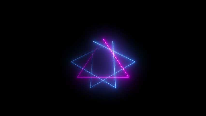 Glowing neon triangle light animation. Neon saber frame animated on black background. 4k video