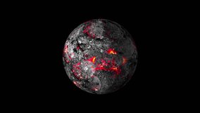 A digital illustration of a fictional volcanic planet with a dark, rocky surface glowing with red-hot lava cracks and molten areas. The planet floats against a black background, - Powered by Shutterstock - Get 15% off with code: PIKWIZARD15